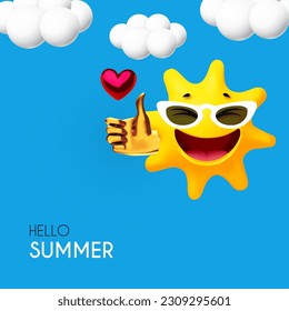 Summer and tropical vacation design templane with smiling sun with thumbs up gesture in sky