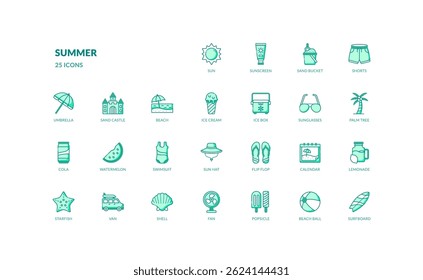 Summer tropical vacation leisure travel outdoor activity detailed green filled line icon set