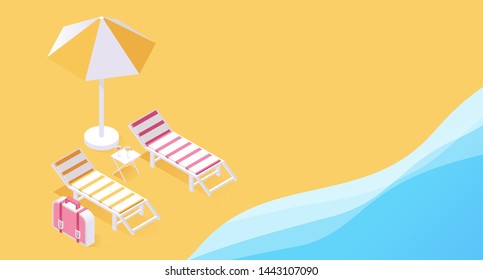 Summer tropical vacation resort 3d concept. Two deck chairs on seashore, ocean sands in summer isometric vector illustration. Spending hot vacation days on sandy beach under umbrella. Copy space