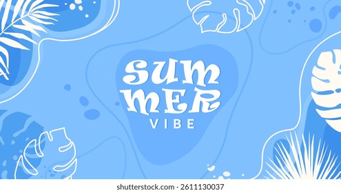 Summer tropical vector background. Tropic banner with white jungle palm leaves, monstera, banana, lines, graphic elements in minimal simple flat modern style. Sea paradise banner design.