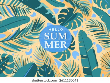 Summer tropical vector background. Tropic banner with jungle palm leaves, monstera, banana in minimal simple flat modern style. Beach, sun and sea banner design. Travel paradise vacation.