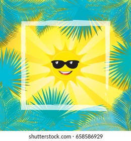 Summer Tropical Vector background.sunlight, sunburst, sun rays sunshine, palm tree leaves frame,.Sun rays vector. Sun, sunglasses smile, sunburst, sunrise light rays, sunset, sun beams, sunrise, burst