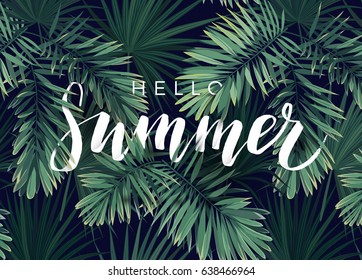 Summer tropical vector calligraphy design with exotic dark green palm leaves on the background.