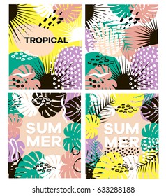 Summer tropical vector cards set with hand drawn textures and palm branch. For seasonal sale,greeting,web banner