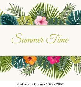 Summer tropical vector design for banner or flyer with exotic palm leaves, monstera, hibiscus flowers. Text placeholder. Summer time.