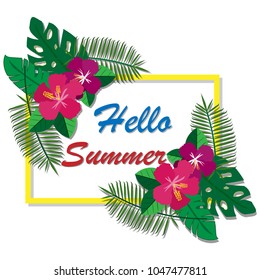 Summer tropical vector design for banner or flyer with exotic palm leaves, hibiscus flowers.