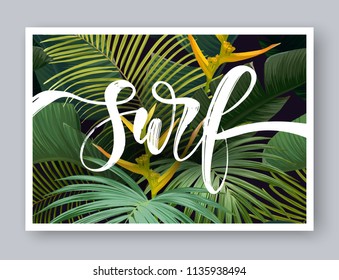 Summer tropical vector design for banner or flyer with dark green palm leaves, exotic flowers and lettering.