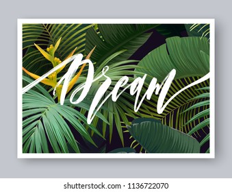 Summer tropical vector design for banner or flyer with dark green palm leaves, exotic flowers and lettering.