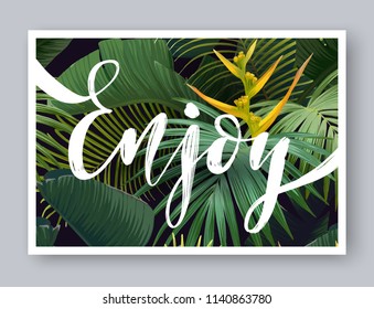 Summer tropical vector design for banner or flyer with dark green palm leaves, exotic flowers and lettering.