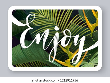 Summer tropical vector design for banner or flyer with dark green palm leaves, exotic flowers and lettering.