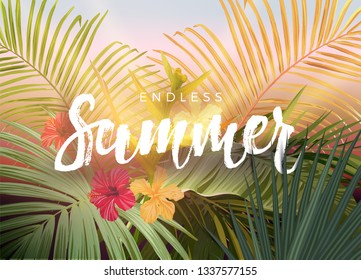 Summer tropical vector design for banner or flyer with dark green palm leaves and handlettering.