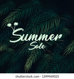 Summer tropical vector design for banner or flyer with dark green palm leaves and lettering