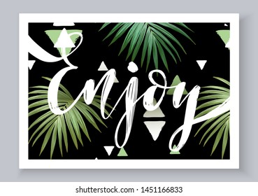 Summer tropical vector design for banner or flyer with dark green palm leaves, textured triangles and hand lettering.