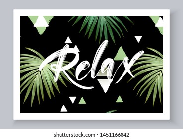 Summer tropical vector design for banner or flyer with dark green palm leaves, textured triangles and hand lettering.