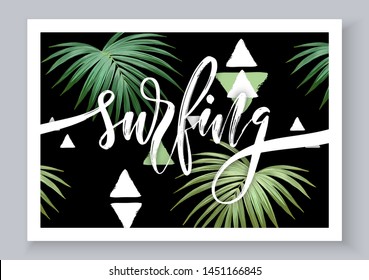 Summer tropical vector design for banner or flyer with dark green palm leaves, textured triangles and hand lettering.