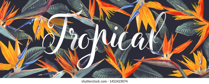 Summer tropical vector design for banner or flyer with Strelitzia Reginae, tropical flowers and leaves, South African plant, called crane flower or bird of paradise and lettering. Realistic style.