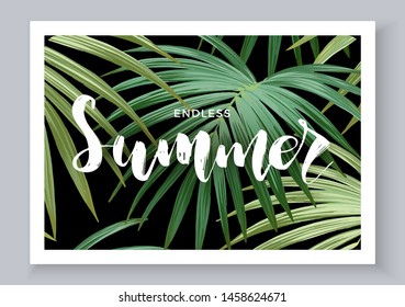 Summer tropical vector design for banner or flyer with dark green palm leaves and lettering.