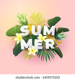 Summer tropical vector design for banner or flyer with exotic palm leaves, plumeria flowers and white integrated inscription with 3d effect.