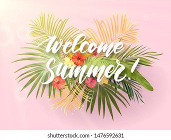 Summer tropical vector design for banner or flyer with exotic palm leaves, plumeria flowers and white integrated hand drawn inscription.