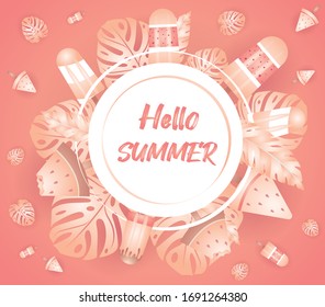 Diseño vectorial tropical de verano para pancarta o afiche con hojas de palma exóticas, sandía y flamingo en un fondo rosa.