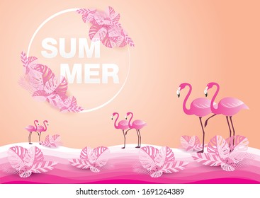 Summer tropical vector design for banner or poster with exotic palm leaves, watermelon and flamingo on a pink background.