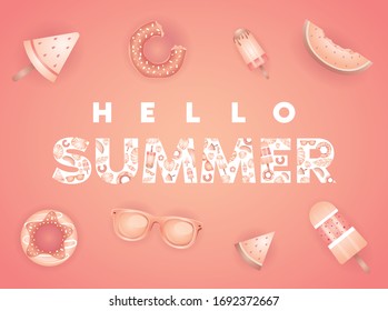 Summer tropical vector design for banner or poster with exotic palm leaves, watermelon and flamingo on a pink background.