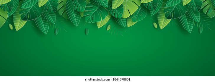 Summer tropical vector design for banner or flyer with exotic palm leaves and handlettering. Vector illustrator.