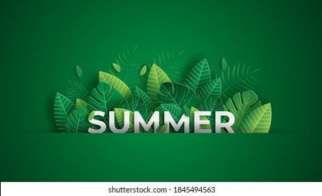 Summer tropical vector design for banner or flyer with exotic palm leaves and handlettering. Vector illustrator.