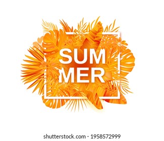 Diseño de vectores tropicales de verano para banner o volante con hojas de palma exóticas, flores de hibisco y manteles.