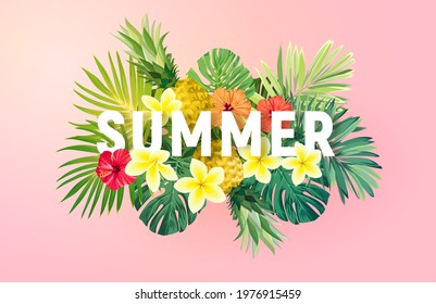 Summer tropical vector design for banner or flyer with exotic palm leaves, hibiscus flowers and typography.