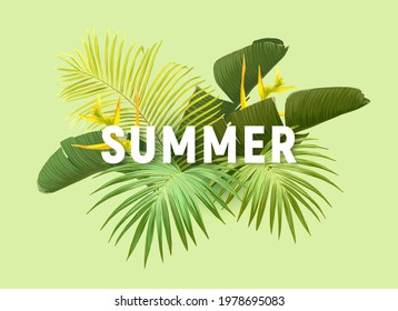 Summer tropical vector design for banner or flyer with exotic palm leaves, flowers and typography.