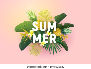 Summer tropical vector design for banner or flyer with exotic palm leaves, flowers and typography.