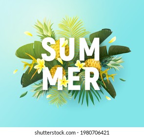 Summer tropical vector design for banner or flyer with exotic palm leaves, flowers and typography.