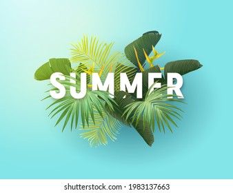 Summer tropical vector design for banner or flyer with exotic palm leaves, flowers and typography.