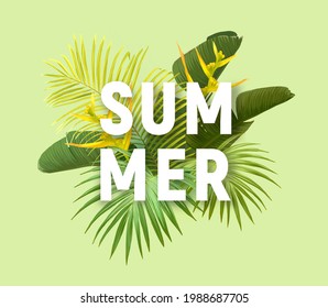 Diseño vectorial tropical de verano para banner o volante con hojas de palma exóticas, flores y tipografía.