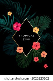 Diseño vectorial tropical de verano para pancarta o volante con hojas de palma verde oscuro y flores de hibisco.