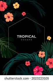 Summer tropical vector design for banner or flyer with dark green palm leaves and hibiscus flowers.