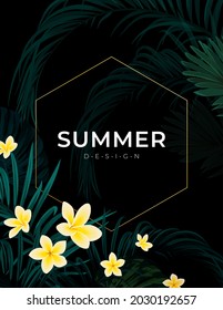 Summer tropical vector design for banner or flyer with dark green palm leaves and flowers.