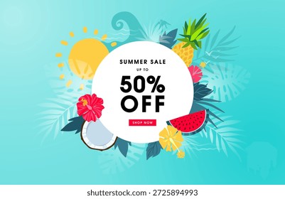 Summer tropical vector design for banner or flyer with exotic palm leaves, hibiscus flowers sun, fruits and ocean waves. Round shape with space for text. Vector illustration.