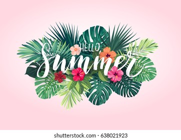 Summer Tropical Vector Design For Banner Or Flyer With Exotic Palm Leaves, Hibiscus Flowers And Handlettering.