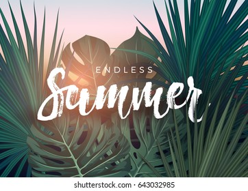 Summer tropical vector design for banner or flyer with dark green palm leaves and lettering.