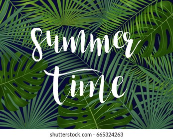 Summer tropical vector design for banner or flyer with  palm leaves and lettering.