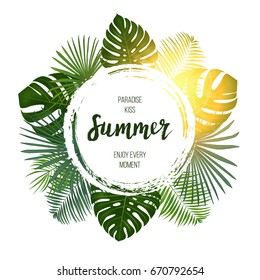 Summer tropical vector design for banner or flyer with  green palm leaves and lettering.