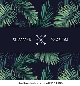 Summer tropical vector design for banner or flyer with dark green palm leaves and space for text.