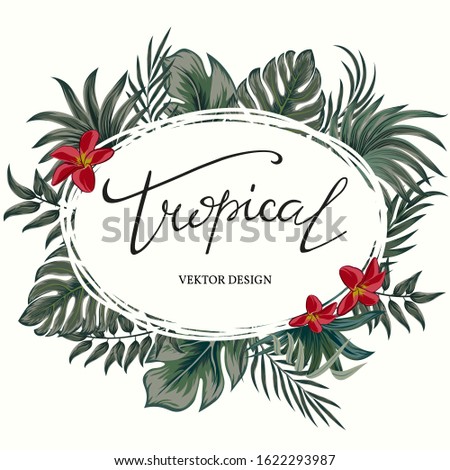 Summer tropical vector design for banner or flyer with dark green palm leaves and lettering.