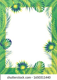 Summer tropical vector design for cards, posters or flyers with exotic palm leaves. Green tropical border isolated on white. Eps 10 , vector illustration.