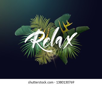 Summer tropical vector design with exotic green palm leaves, flowers and handlettering on the dark background.