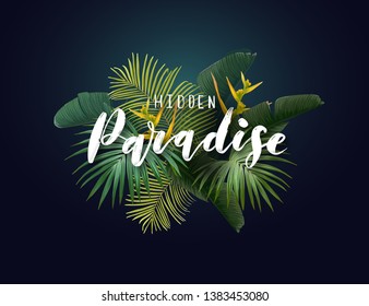 Summer tropical vector design with exotic green palm leaves, flowers and handlettering on the dark background.