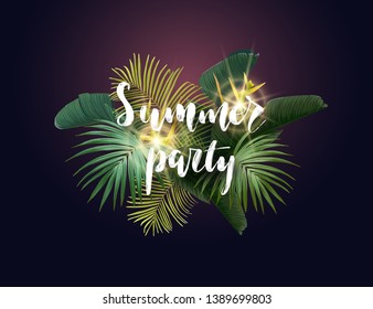 Summer tropical vector design with exotic green palm leaves, flowers and handlettering on the dark background.