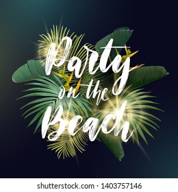 Summer tropical vector design with exotic green palm leaves, flowers and handlettering on the dark background.